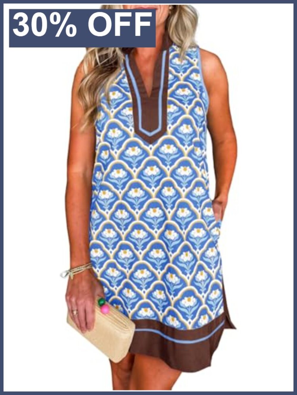 Boho Floral Print V-Neck Sleeveless A-Line Mini Dress with Pockets